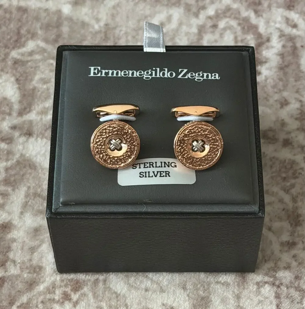 $695 NIB Ermenegildo Zegna Rose Gold Plated Sterling Silver Circular Cufflinks